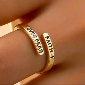 Adjustable Cuff Ring/Inspirational Cross & Lettering "FAITH OVER FEAR" gold tone